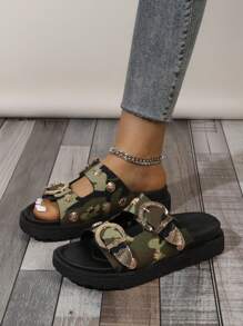 新款女士時尚舒適的流行休閒圓頭涼鞋，具有金色扣細節、雙帶和厚底漏洞鞋跟