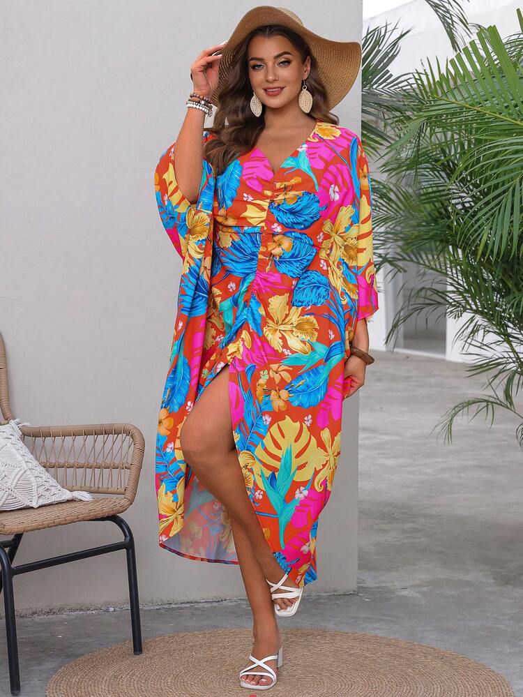 Plus Size V-Neck Full Print High-Low Hem Dress With Front Slit Up To Thigh