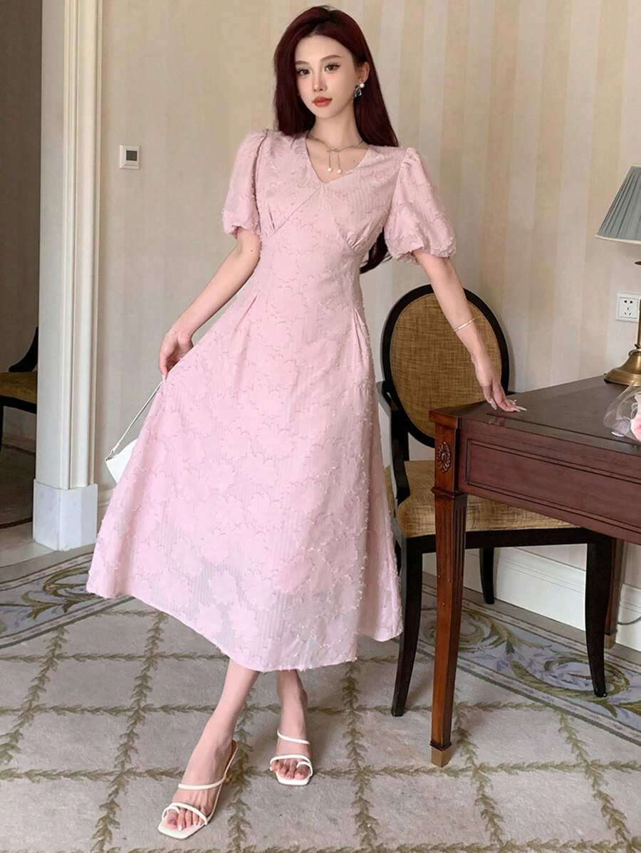 DAZY 女士V领短款灯笼袖贴花连衣裙，生日舞会礼服，优雅女士连衣裙 - 粉色 - 查看 1