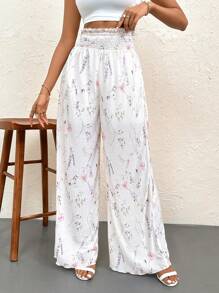SHEIN Privé Women's Summer Elegant, Floral Printed, Pleated High Waisted Long Pants, Perfect For Daily Wearing, Vacation, Party, Music Festival And Ins