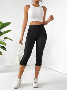 SHEIN Essnce Vrouwen Hoge taille Capri Leggings Met Zakken , Buik controle , Niet-transparant , Training & Yoga Broek
