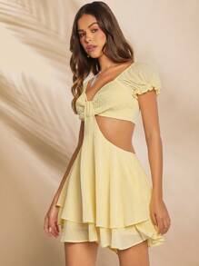 Hauture Cut Out Shirred Bust Layered Ruffle Romper - Yellow - View 3