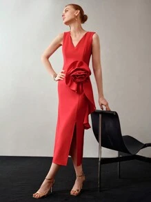 MOTF PREMIUM 立體立體的花紋裝飾分裂大腿連衣裙 - 紅色 - 查看 5