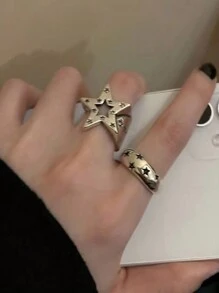 ROMWE Grunge Punk 3pcs Fashion Copper Star Decor Cuff Ring For Women For Daily Decoration - Antique Silver - View 6