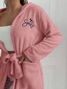 RueChic Letter Embroidered Hooded Bathrobe With Belt And Large Pockets - Pink - View 3