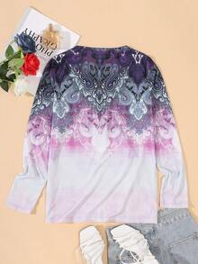Long Sleeve Notched Neck Casual T-Shirt - Mauve Purple - View 2