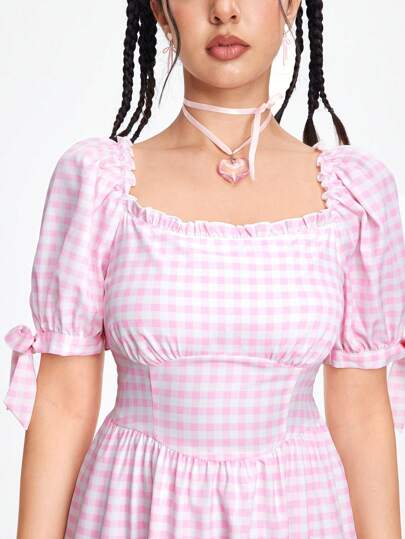 Kawaii Women's Fashionable Plaid Long Short Sleeve Dress