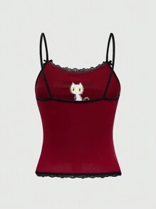 ROMWE Hippie Magic  Black Cat Embroidered Striped Tank Top