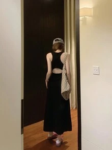 空心腰休閒夏季無袖連衣裙 - 黑色 - 查看 2