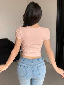 DAZY Women's Summer Solid Color Round Neck Hollow Short Sleeve Slim Fit Crop Top Going Out Tops