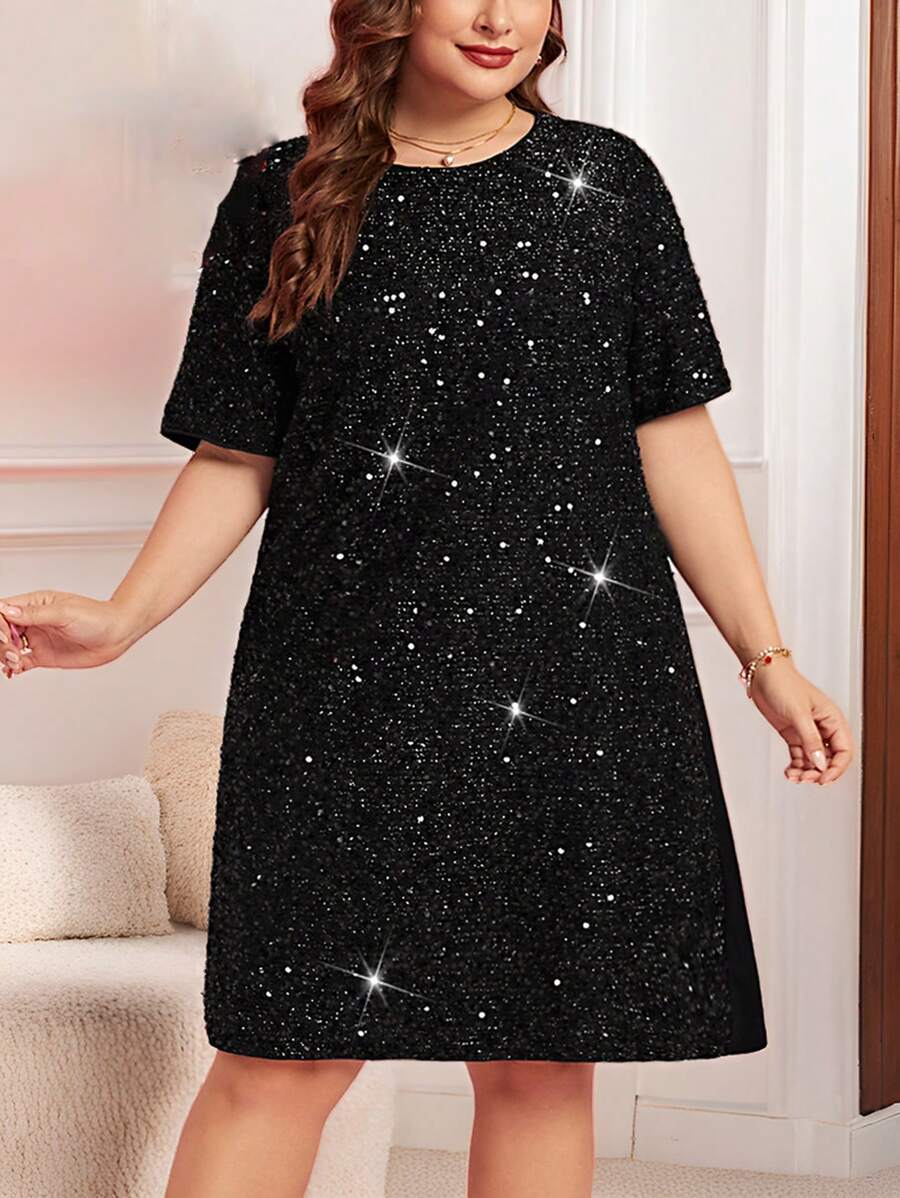 SHEIN CURVE+ Plus Size Elegant Party Sequin Short Dress - Black - View 1
