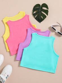 SHEIN 4pcs Holiday,Summer,TravelTween Girl Solid Color Simple Everyday Summer Top