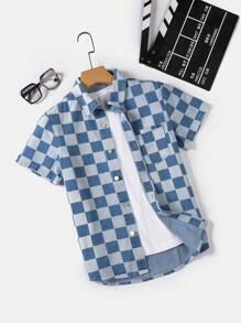 Áo Sơ Mi Ngắn Tay Denim Kẻ Sọc Tuổi Teen Thời Trang Giản Dị - Rửa trung bình - Xem 1