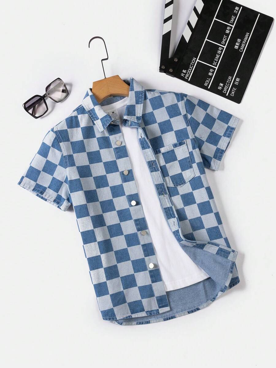 Áo Sơ Mi Ngắn Tay Denim Kẻ Sọc Tuổi Teen Thời Trang Giản Dị - Rửa trung bình - Xem 1