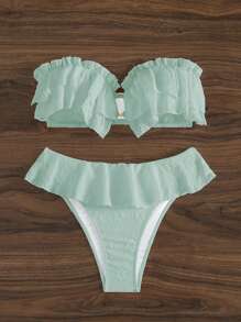 SHEIN Swim 女士純色比基尼套裝，圓形飾邊的胸圍連接內褲，帶荷葉邊設計的度假沙灘泳裝