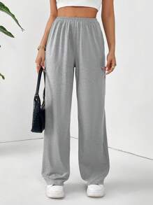 SHEIN Essnce 3 件套女士宽松高腰直筒舒适长裤，三种颜色 - 杏色 - 查看 3