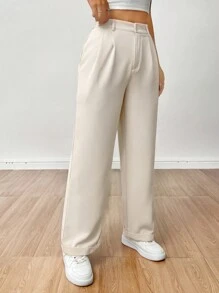 SHEIN PETITE Casual Solid Color Pleated Straight Wide-Leg Pants With Rolled Cuffs