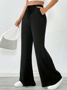 Flirla Women's Fashionable High-Waisted Solid Color Flared Trousers, Versatile Fall Cloth For Women - Black - View 1