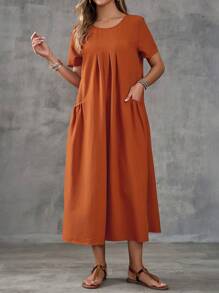 EMERY ROSE 纯色度假休闲连衣裙，双口袋，短袖