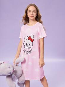 Tween Girl Cat Printed Short-Sleeved Sleep Dress With Round Neck, Home Wear - Baby Pink - View 3
