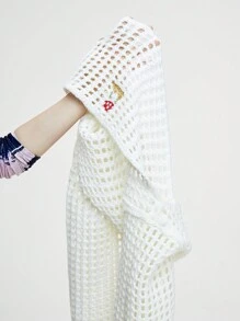 ROMWE Fairycore Summer Crochet Spring/Summer Mesh With Cute Mushroom Embroidery Women's Sweater Pullover With Bell Sleeves