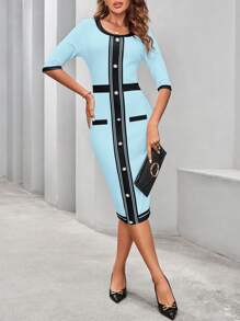 SHEIN Clasi Women Summer Round Neck Half Sleeve Button Decor Slim Elegant Dress