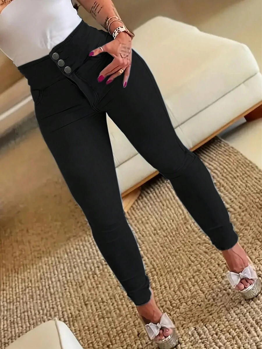Jeans skinny a vita alta stretti da donna con tre bottoni - nero - Visualizzare 1
