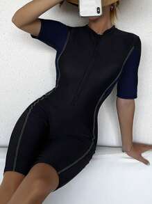 SHEIN Swim Women's Half-Zip Short Sleeve Summer Beach Rashguard With Zipper - Multicolor - View 1