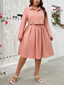 SHEIN Privé 優雅的連衣褲,尺寸超大,春夏單排扣長袖外套和絲質長裙 - 粉色 - 查看 5