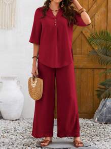 EMERY ROSE Women's Solid Color Notched V-Neck Casual Spring/Summer T-Shirt And Loose Pants 2pcs Set - Burgundy - View 3