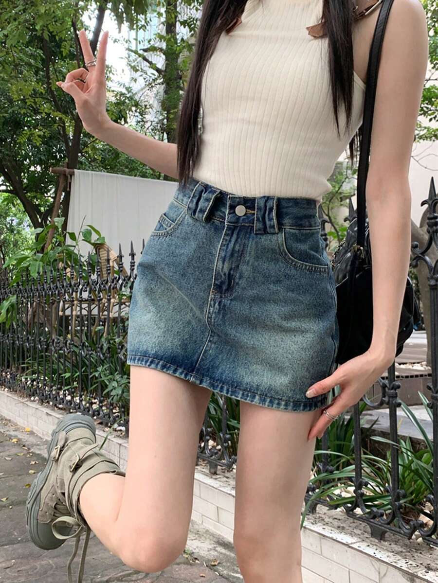 High-Waisted A-Line Summer Washed Denim Skirt - Blue - View 1