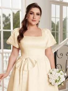 SHEIN Belle 女士大碼短款公主TuTu禮服，方領設計大蝴蝶結，適合婚禮賓客 - 杏色 - 查看 3