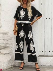 SHEIN LUNE Women Fashionable Summer Printed Versatile 2-Piece Set - Black - View 3