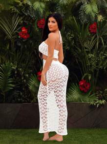SHEIN SXY 夏威夷夏季女士连衣裙维多利亚秘密性感连衣裙海滩女士连衣裙海滩罩衫钩针连衣裙钩针罩衫海滩度假女装 - 白色 - 查看 2
