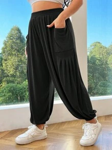 SHEIN EZwear Quần Jogger nữ dài dệt kim cỡ lớn màu đen - màu đen - Xem 1