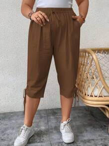 SHEIN LUNE Pantalones casuales de talla grande con cordón y bolsillos en unicolor tipo Capri - Café integral - Ver 4