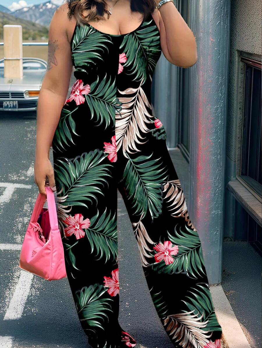 Slaydiva 女裝大碼鬆身印花肩帶連身褲，帶隨機顏色植物圖案 - 黑色 - 查看 1