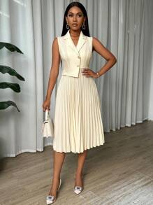 SHEIN Clasi 女士夏季无袖优雅褶皱连衣裙，撞色领子，超长款女士服装