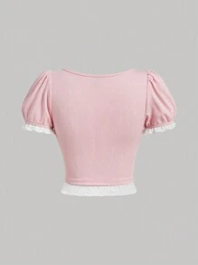 SHEIN MOD 灰色拼接花邊泡泡袖女士T恤