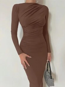 INAWLY Solva Damska sukienka z długim rękawem i stójką w jednolitym kolorze, plisowana, dopasowana, elegancka, marszczona, z rozcięciem, z odkrytymi ramionami, regularny krój, długa kawa, regularny rękaw, prosta, dopasowana, długie sukienki damskie, wiosna/jesień, codzienne ubrania