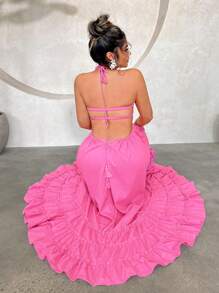 SHEIN SXY Đầm Hở Lưng Chiffon Quai Màu Hồng Cho Nữ Dự Tiệc Cưới Và Kỳ Nghỉ Hè - Hồng - Xem 1