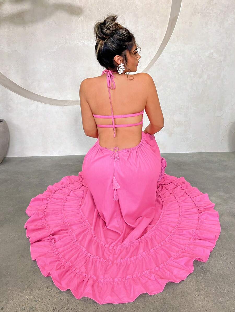 SHEIN SXY Đầm Hở Lưng Chiffon Quai Màu Hồng Cho Nữ Dự Tiệc Cưới Và Kỳ Nghỉ Hè - Hồng - Xem 1