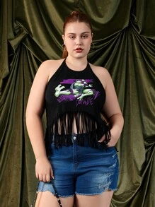 TEENAGE MUTANT NINJA TURTLES | SHEIN Plus Size Knitted Fringe Hem Turtle Print Black Halter Top - Black - View 7