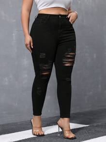 SHEIN Essnce Quần Denim kích thước lớn Túi Bị tách Dây kéo màu trơn - màu đen - Xem 4