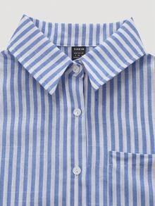 Elamini 条纹短款宽松休闲女式宽松袖口衬衫，亚麻质感女式衬衫