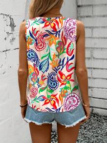SHEIN LUNE Casual And Simple Paisley Flower Pattern V-Neck Sleeveless Blouse, Suitable For Summer - Multicolor - View 2