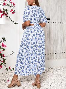 SHEIN Frenchy Plus Size V-Neck Printed Ruffled Sleeves Vacation Style Top And Wrap Over Skirt Set,Two Pieces Outfit - Blue and White - View 4