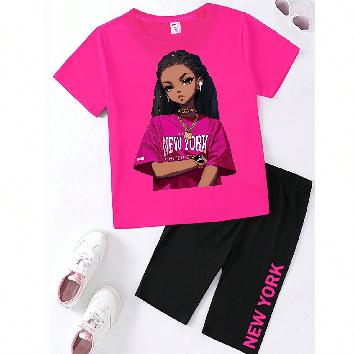 Conjunto informal de camiseta y shorts ajustados para niña preadolescente
