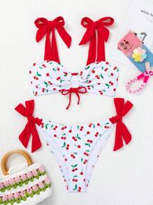 SHEIN Swim Women Sexy Cherry Print Tied Bikini Set Summer - Multicolor - View 3
