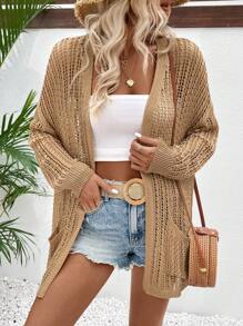 Breezaya Women's Solid Color Hollowed Texture Cardigan With Pockets, Perfect For Vacation - Khaki - View 3
